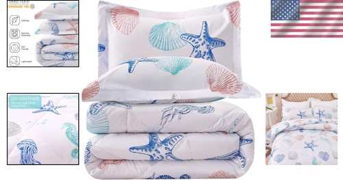 Lightweight Kids Comforter Set - 3 Piece Beachy Jellyfish & Shell Pattern - Picture 2 of 9