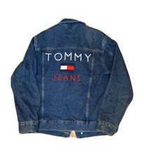 Vintage 90s Tommy Hilfiger Jean Jacket Big Spell Out Flag Size Small