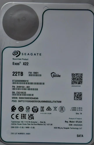 Used - Seagate Exos X22 22TB SATA 6Gb/s 7200RPM 3.5" Enterprise HDD