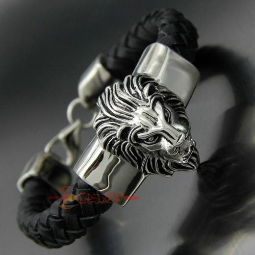 Stainless Steel Braided Leather Lion Head Men's Biker Bracelet Silver Black - Picture 4 of 9