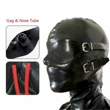 Black Latex Hood with Eyeshade Nose Tube Rubber Mask for Fetish BDSM Party US