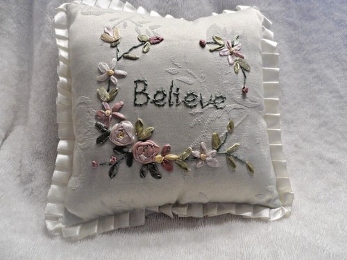 Ivory small pillow 7.5" x 7.5"  BELIEVE w/ ribbon roses