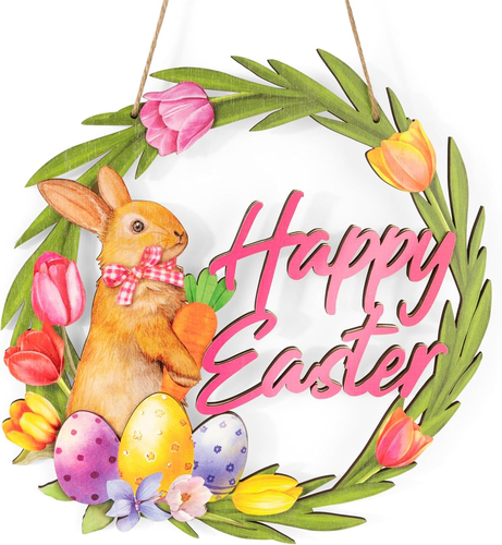 BOFUNX Ghirlanda Di Pasqua in Legno Corona Di Pasqua Ghirlanda Pasquale per Port - Foto 7 di 12