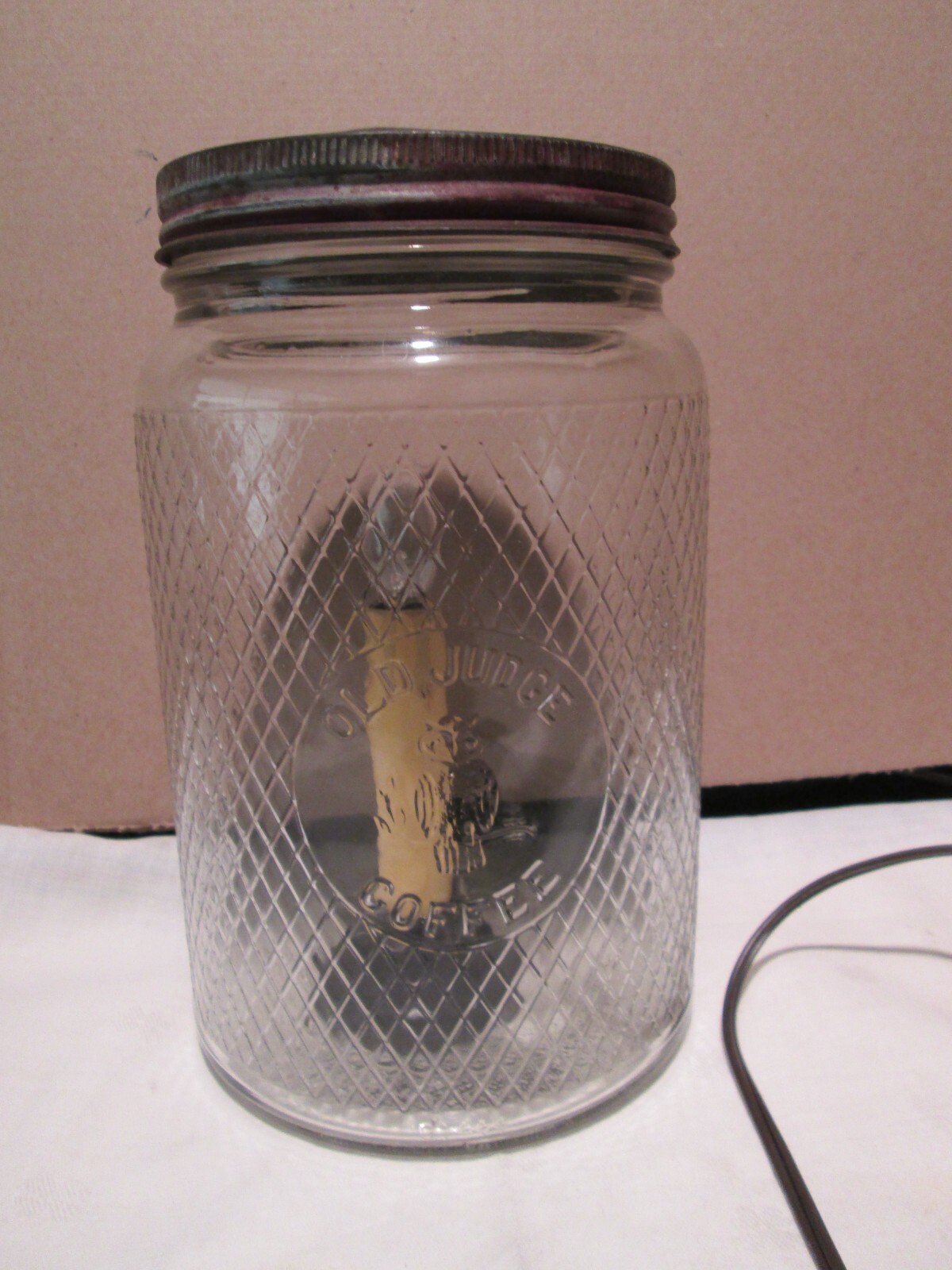 VINTAGE OLD JUDGE GLASS COFFEE JAR WITH LID Made into lamp eBay