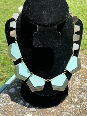 Vintage EXPRESS Teal, Gold, Silver Tone, Chevron Statement Necklace Y2K 90s