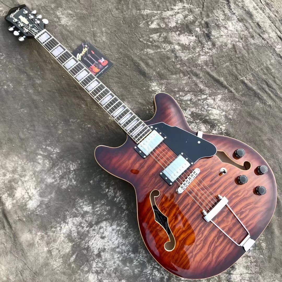 6-String Sunburst Electric Jazz Guitar with Rosewood Fingerboard & Semi-Hollow Body