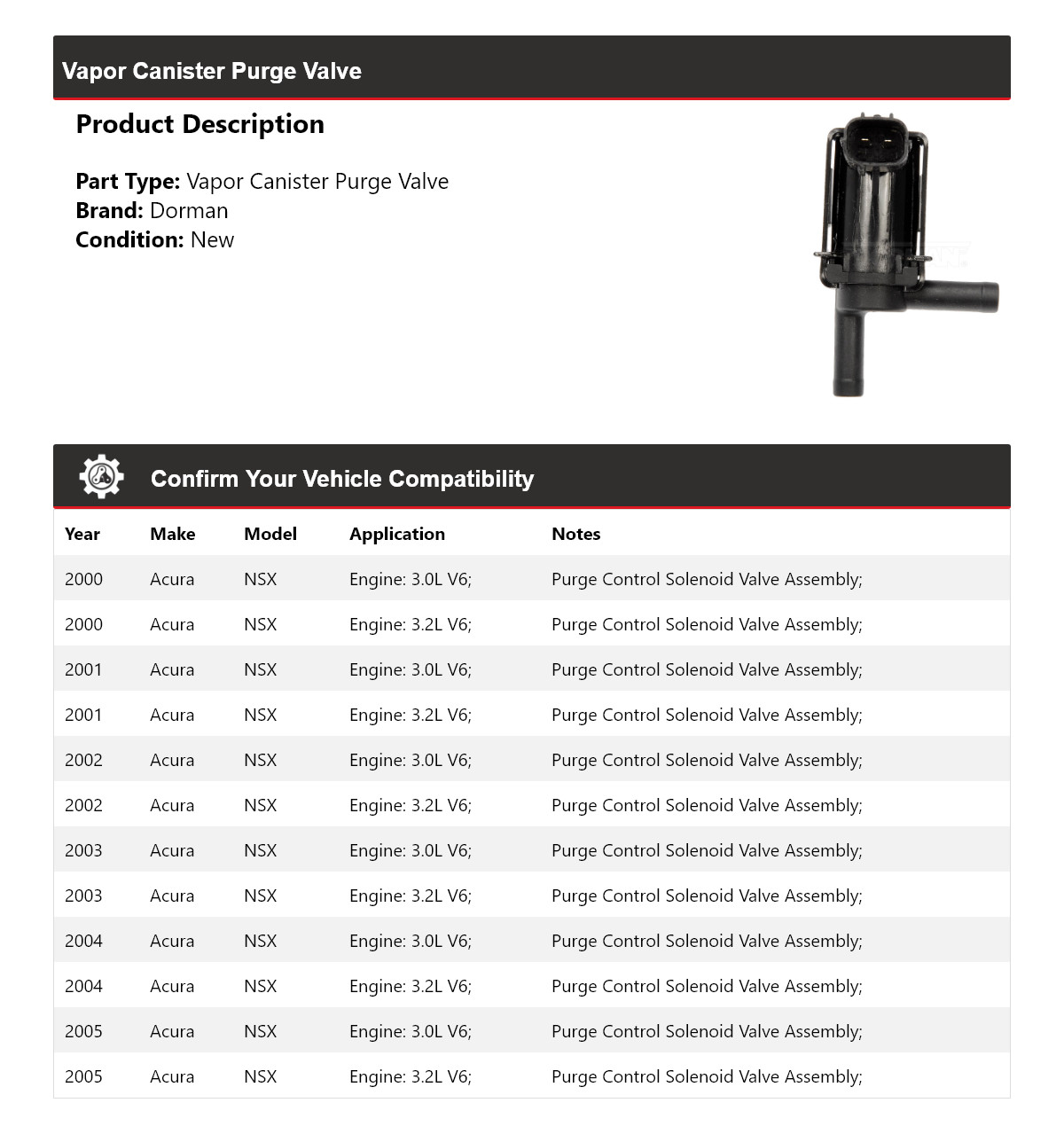 For 2000-2005 Acura NSX Dorman Vapor Canister Purge Valve 2001 2002 2003 2004