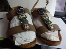 Coffee colour Laether Sandals on 2" heel with decoration. Size 4