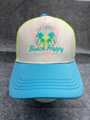 Don't Worry Beach Happy Hat Cap Snap Back Women One Size Blue Green Trucker