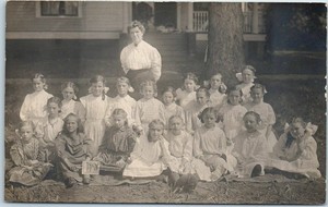 Vintage-RPPC-Real-Photo-Postcard-Group-of-Girls-w-Teacher-034-Lenox-IA-034-c1910s