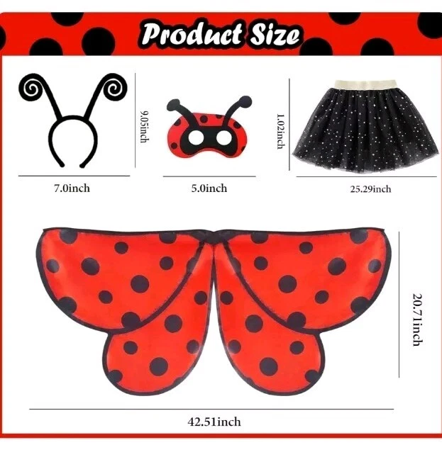 D.Q.Z. Disfraces de Ladybug para Niñas Vestir Halloween Tutú Banda Alas Máscara Foto 4 de 4