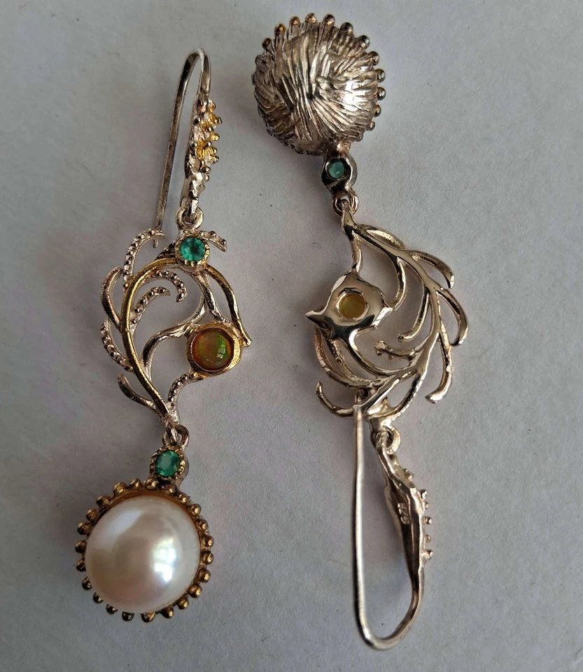 ORECCHINI IN ARGENTO STERLING 925 CON OPALI DI WELO E PERLE NATURALI - Immagine 3 di 4