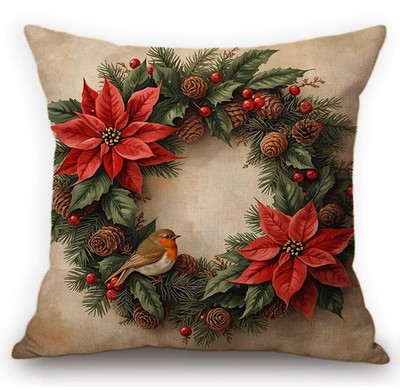 Kissenhülle Kissenbezug Canvas-Stoff Rotkehlchen Weihnachtskranz Weihnachtsstern