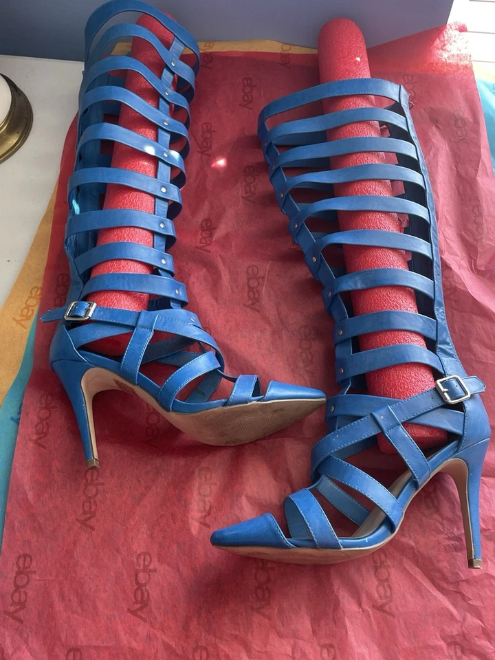 Breckelles Nataly-22 Mujer Talla 9 AZUL Tacón Alto Stiletto Gladiador Bota Rodilla Foto 2 de 4
