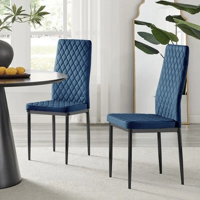 **Seconds** 4x Milan Navy Hatched Velvet Dining Chairs Black Legs - Image 1 of 4