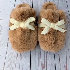 Auden Women Camel Brown Faux Fur Slide Slippers Cream Velvet Bow Size XL 11-12