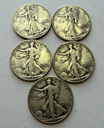 Walking Liberty Half Dollar Lot Of Five Coins 1942-1946 Ungraded Circulated