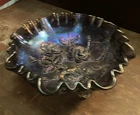 Vintage Imperial Glass Open Rose Amethyst Double Crimped Three Toed Footed Bowl
