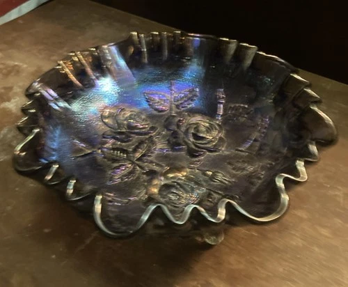 Vintage Imperial Glass Open Rose Amethyst Double Crimped Three Toed Footed Bowl