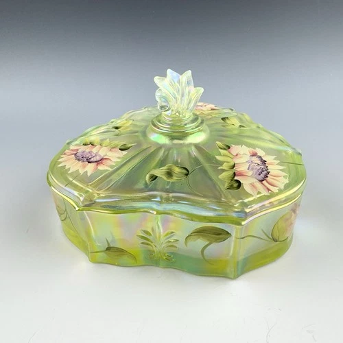 FENTON Family Signature TOPAZ Opalescent Candy Dish Box w Sunflowers Glows