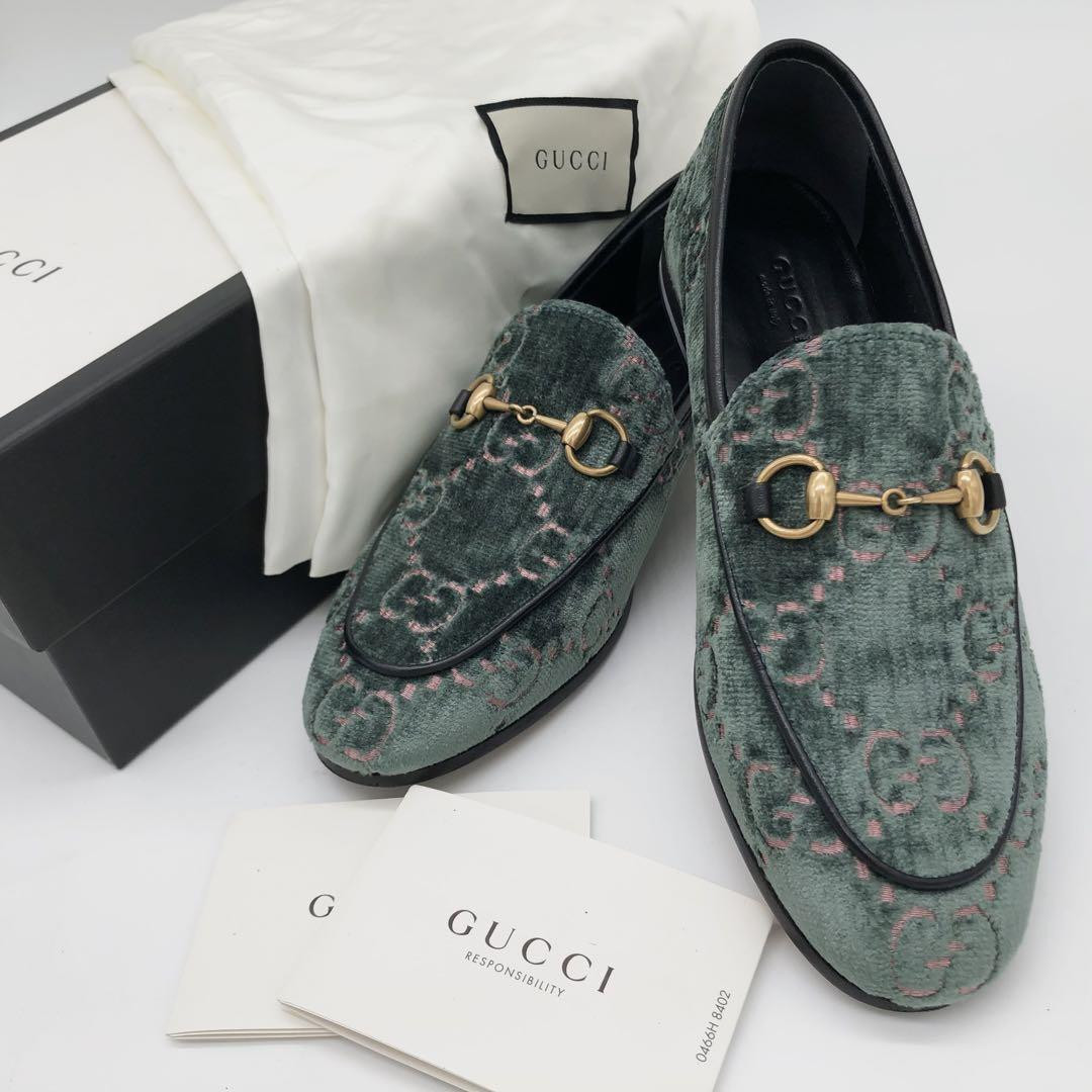GUCCI Women's Loafers GG Horsebit Velvet Green EU36/US6 GUCCI Women's Loafers GG Horsebit Velvet Green EU36/US6