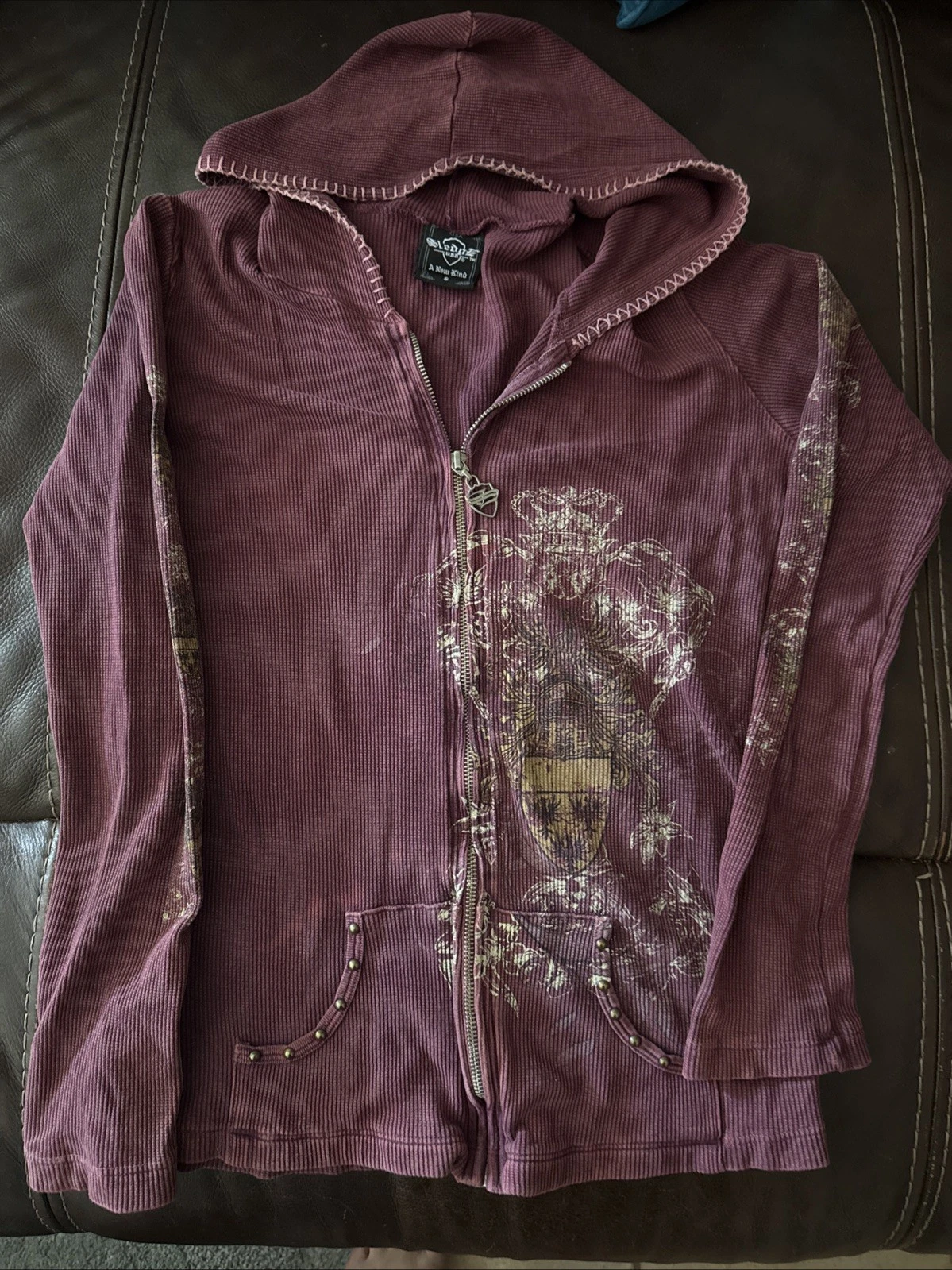 Vintage Y2K Sledge Full Zip Thermal Hoodie Graphic Dusty Rose S M Embellished