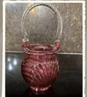 Fenton Cranberry Opalescent Swirl Glass Basket Clear Twist Handle Hand Blown