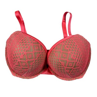 Victorias Secret Very Sexy Push-Up Bra 34DDD Neon Coral Pink Crochet Lace Mesh