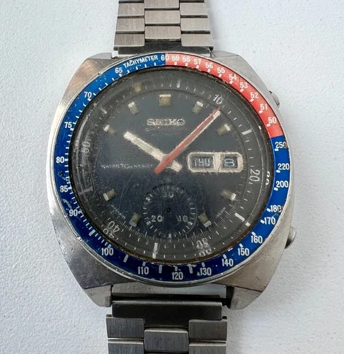 SEIKO 6139-6002 Automatic Chronograph Watch Vintage Mens POGUE Black Dial 17 J