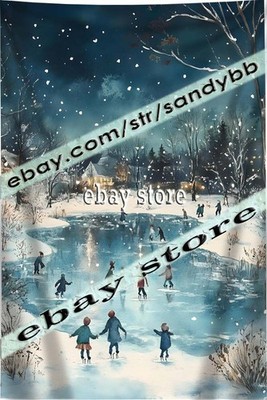 cozy nostalgic art Tapestry Winter Skating Village Decor 59X82 in