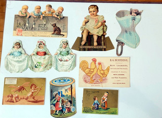 Eight Victorian Trade Cards. Lactated Food Dr. Warner's coraline Corsets Mell