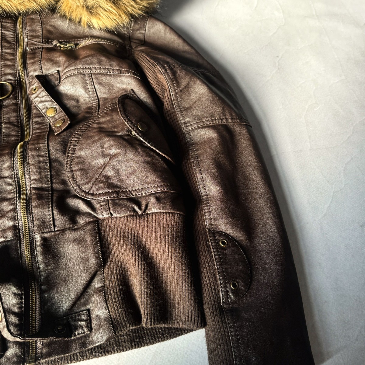 Vintage Leather Jacket Brown Fur Hood Bomber Y2K Aviator Grunge