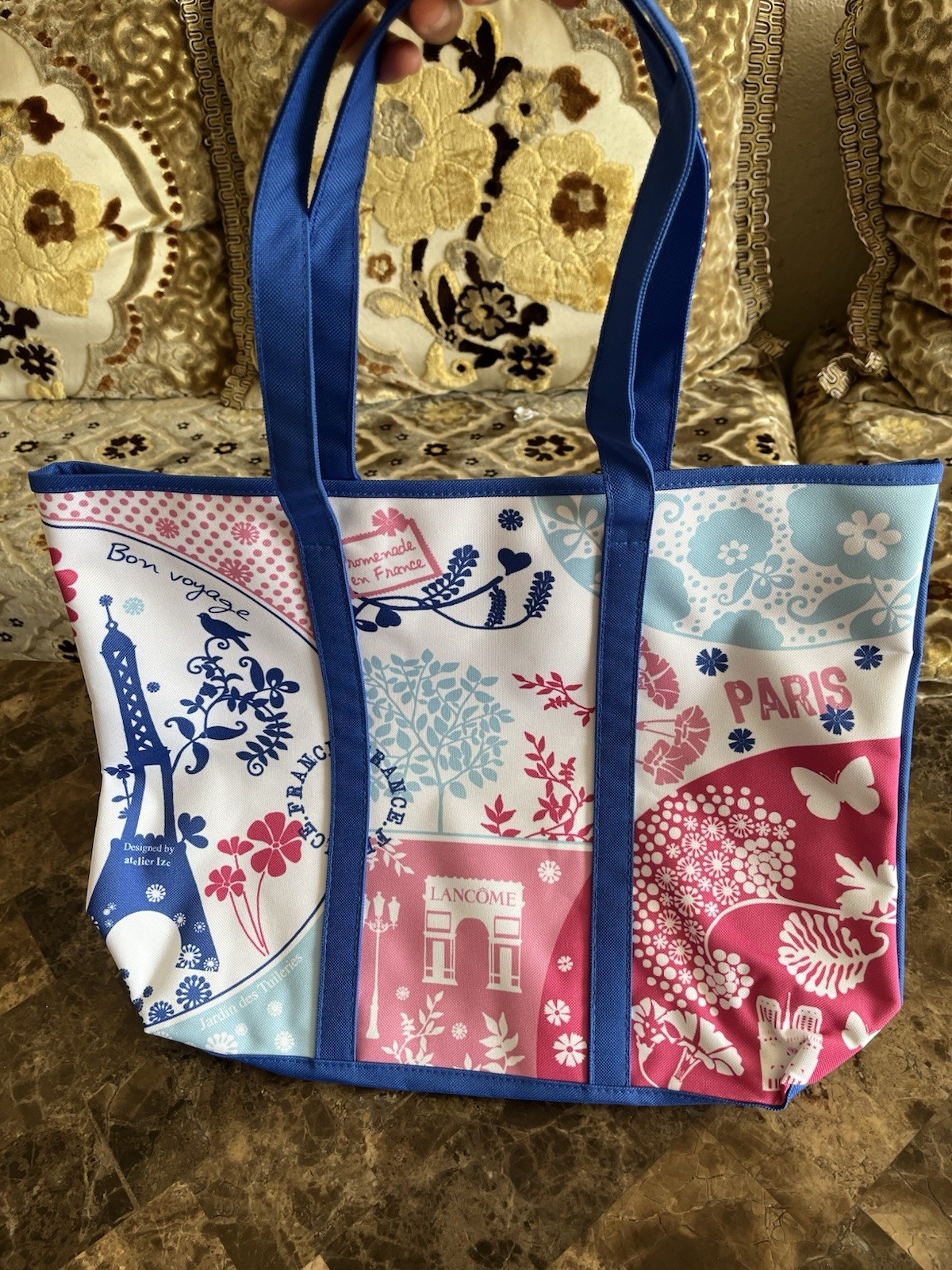 Lancome Paris Bon Voyage Large Tote Bag Beach Eiffel Tower + SMALL POUCH ALONG