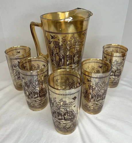 Vintage Jeanette Glass Lusterware Pitcher W/ 5 Glasses-Castle Pattern