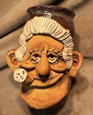 Vintage 70s Stoneware Pottery Cigar Buzz Cut Man Poker Smile Face Mug Art