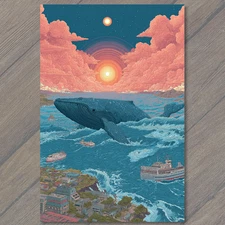 Art Print Giant Whale Ocean Waves Sunset City Boats Surreal Art Fantasy