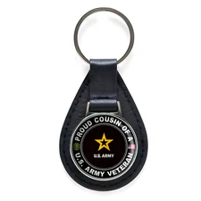 Proud Cousin Of A U.S. Army Veteran Black Leather Keychain Silver Keyring