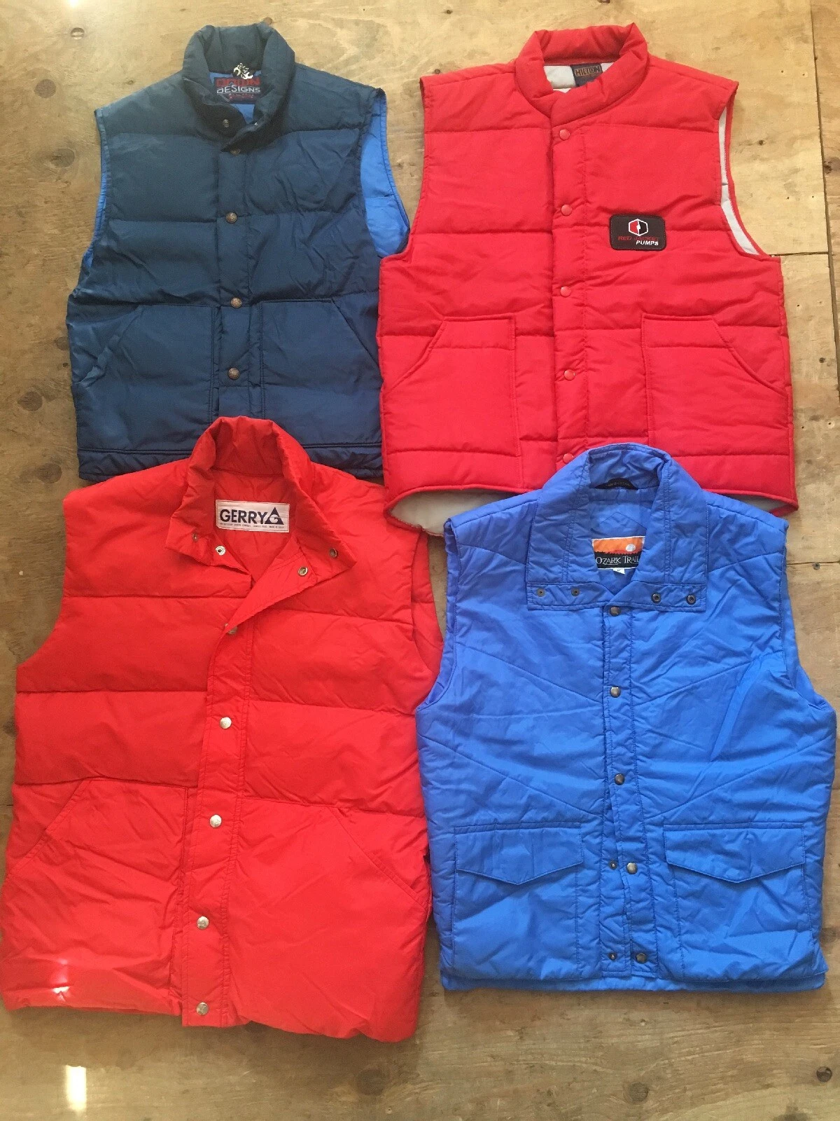Lot 4 Vtg Puffy Ski Work Vests Mens M Camping Hiking Mens M-L Red Blue Down Snap