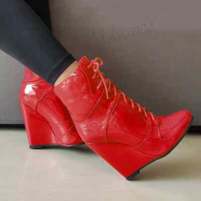 Women Ankle Boots Wedges Round Toe Lace Up Shiny High Heels Booties Shoes Woman