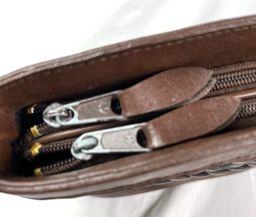 Leder Geldbörse Basketweave braun schwarz 2 tiefe Taschen Schultergurt - Bild 5 von 13