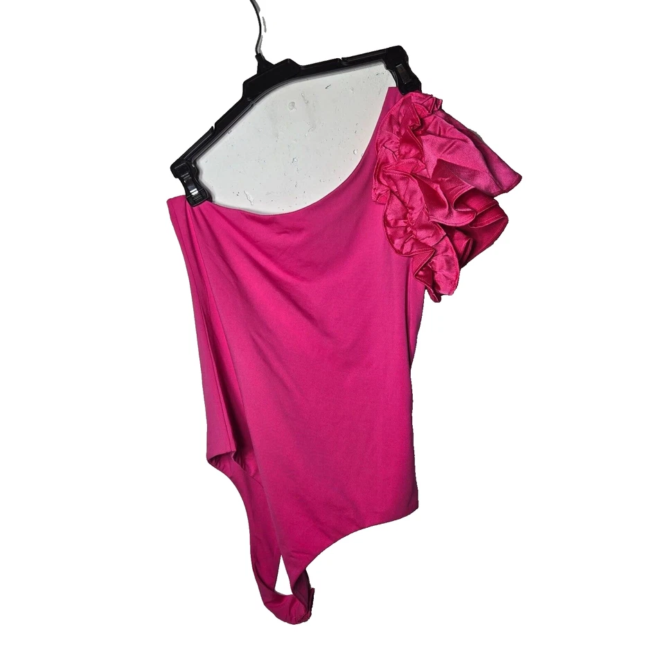 Indie Collection XOXO Women Pink Ruffled One Shoulder Bodysuit Size Small Barbie - Image 2 of 4
