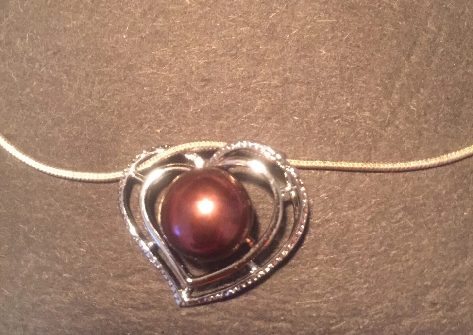 NATURAL PEARL Love  HEART Pendant Dark Red JEWELRY set 925 silver chain earrings - Image 3 of 4