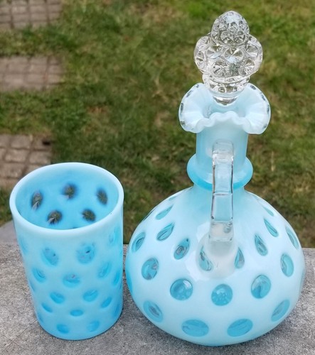9" FENTON ART GLASS CRUET/PITCHER & 4" TUMBLER~LIGHT BLUE OPALESCENT COIN DOT - Picture 22 of 24