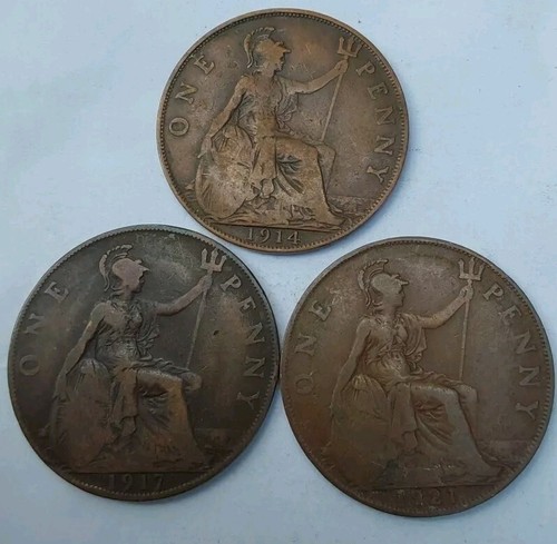 1914 1917 1921 Great Britain Bronze Lg Cents-King George VG 3 Coin Set-KM# 810 - Picture 2 of 7