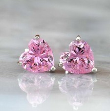 4 Ct Heart Shape Solitaire Pink Lab Created Stud Earrings 14k White Gold Plated