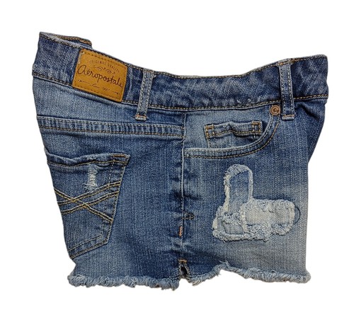 Aeropostale Jean Shorts Womens 0 Blue Cut Off Low Rise Distress Patches - 第 5/9 張圖片