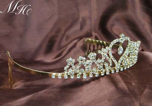 Heart Gold Brides Tiaras W/ Hair Combs Crystal Wedding Bridal Crowns Prom Party - Picture 4 of 7