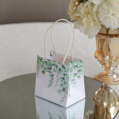 VERDE BLANCO 12 Papel 4" Hojas de Eucalipto Estampado Favor BOLSAS DE REGALO Manijas Fiesta