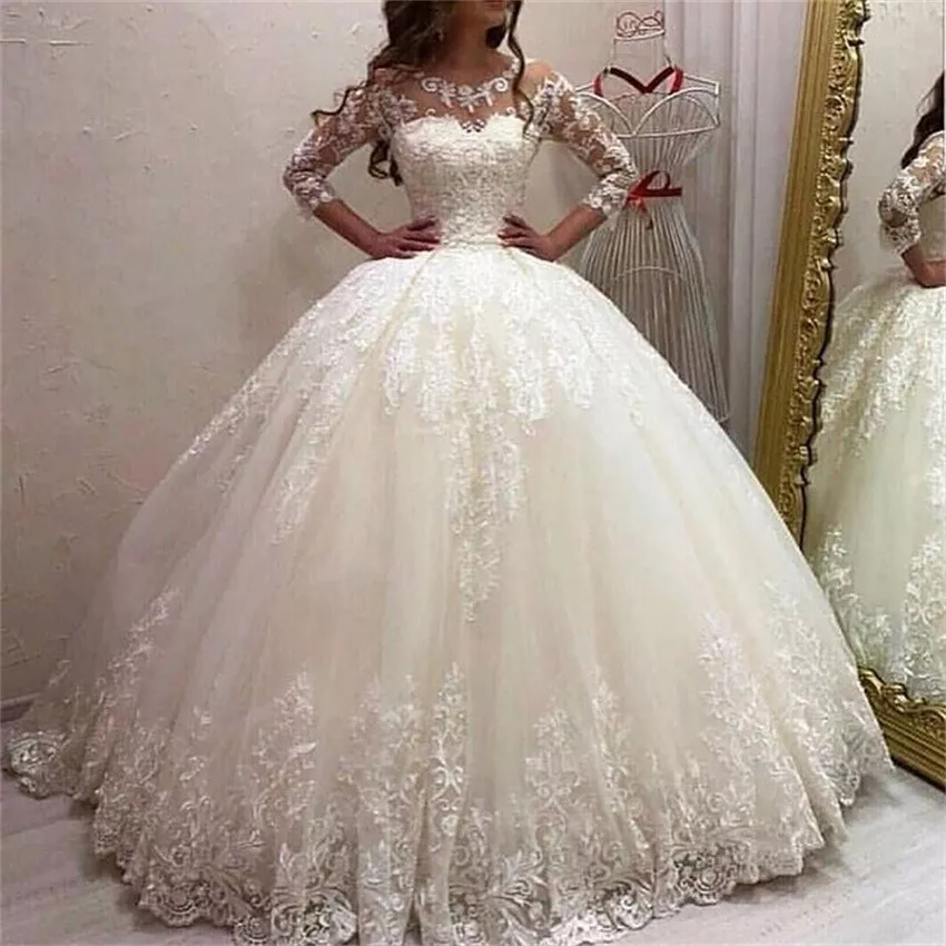 White Princess Wedding Dresses V Neck Long Sleeves Lace Appliques Ball Gowns