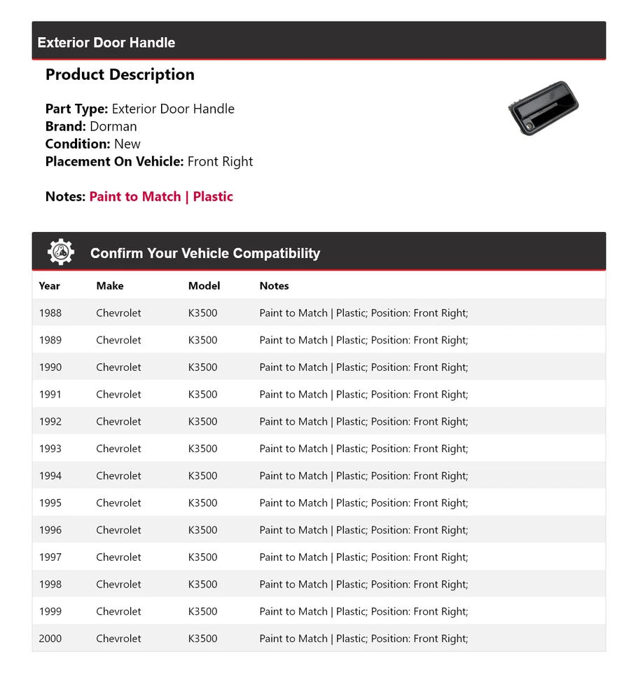 Manija de puerta exterior delantera derecha 1989 1990 para Chevrolet K3500 Dorman 1988-2000 Foto 2 de 4